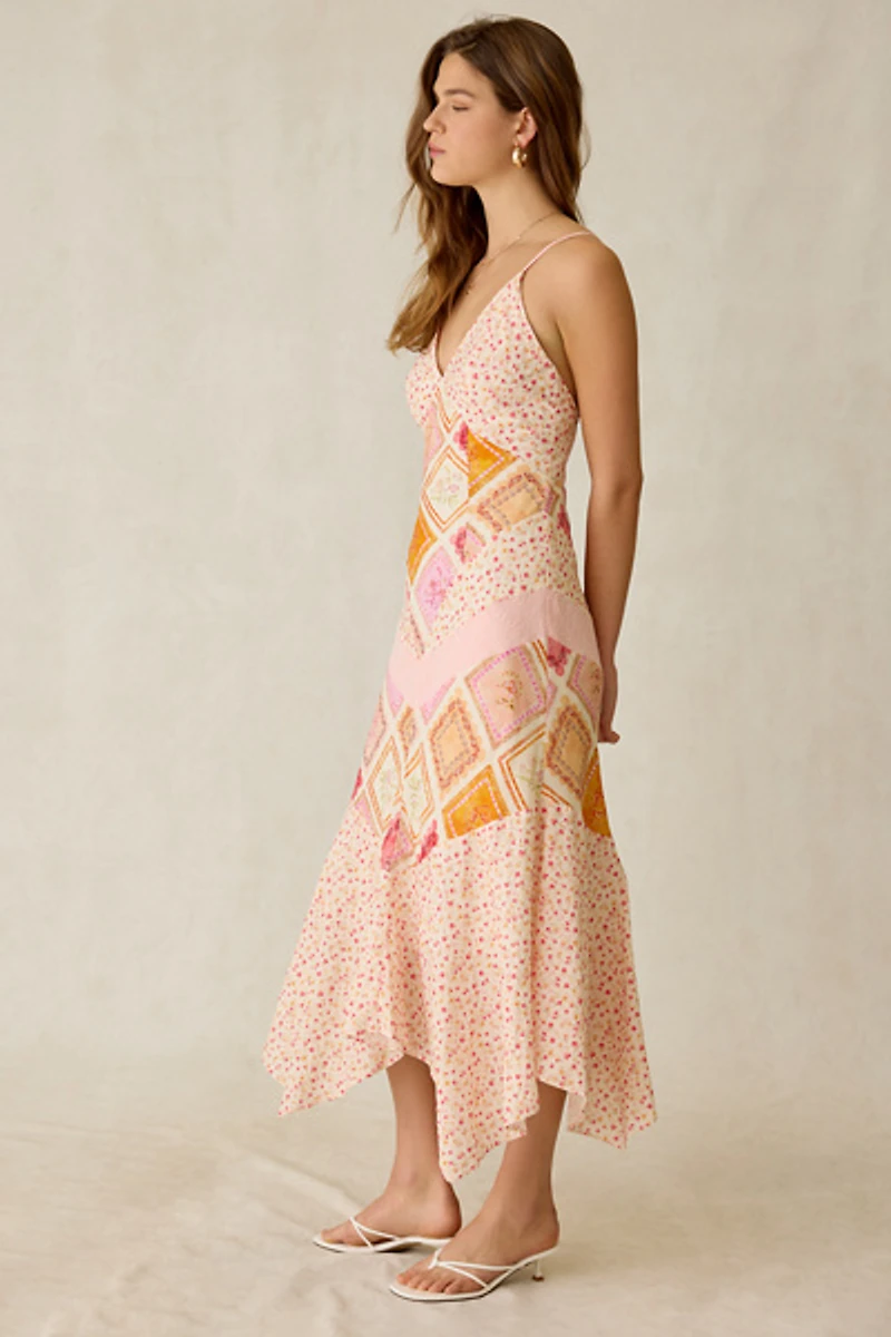 Jacquie The Label Esmeralda Patchwork Mixed Media Asymmetric Maxi Dress