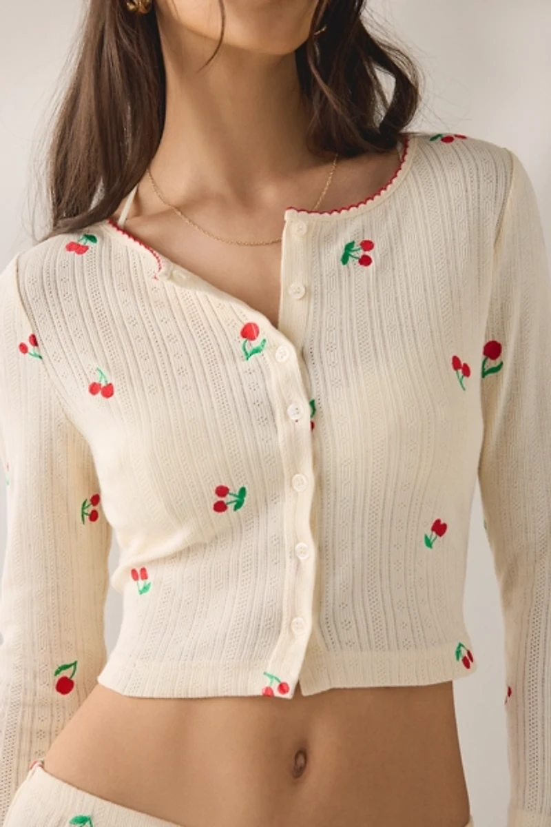 Jacquie The Label Yara Cherry Embroidered Pointelle Crop Cardigan