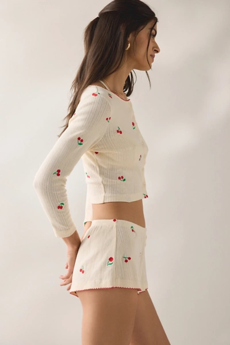 Jacquie The Label Yara Cherry Embroidered Pointelle Crop Cardigan