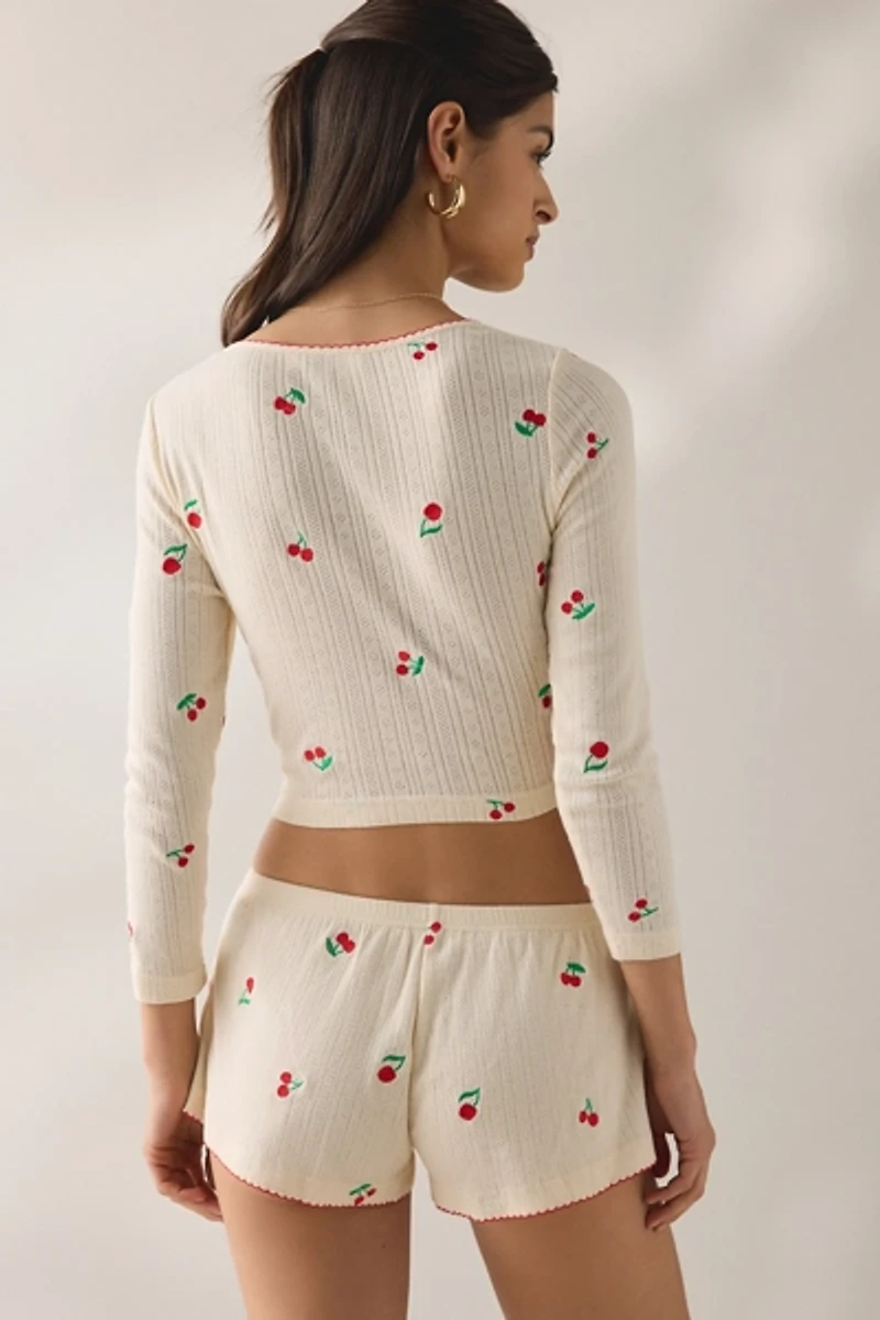 Jacquie The Label Yara Cherry Embroidered Pointelle Crop Cardigan
