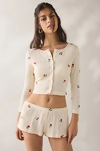 Jacquie The Label Yara Cherry Embroidered Pointelle Crop Cardigan