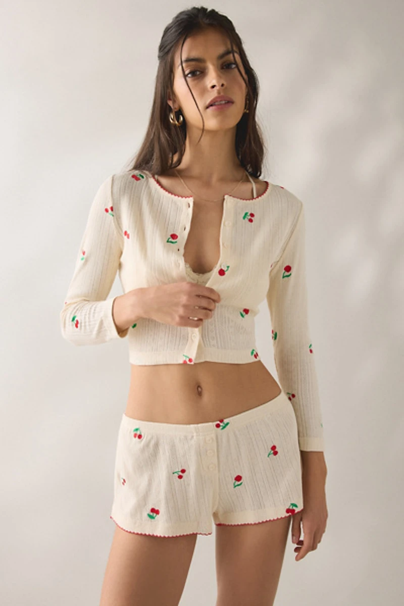 Jacquie The Label Yara Cherry Embroidered Pointelle Lounge Shorts