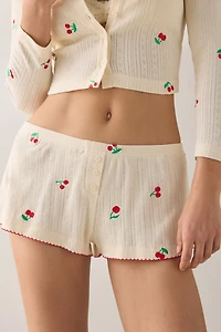 Jacquie The Label Yara Cherry Embroidered Pointelle Lounge Shorts