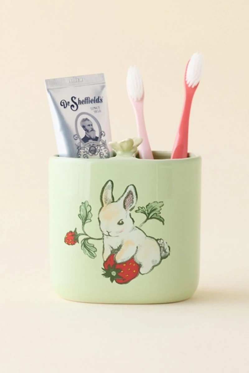 Strawberry Bunny Ceramic Toothbrush Holder