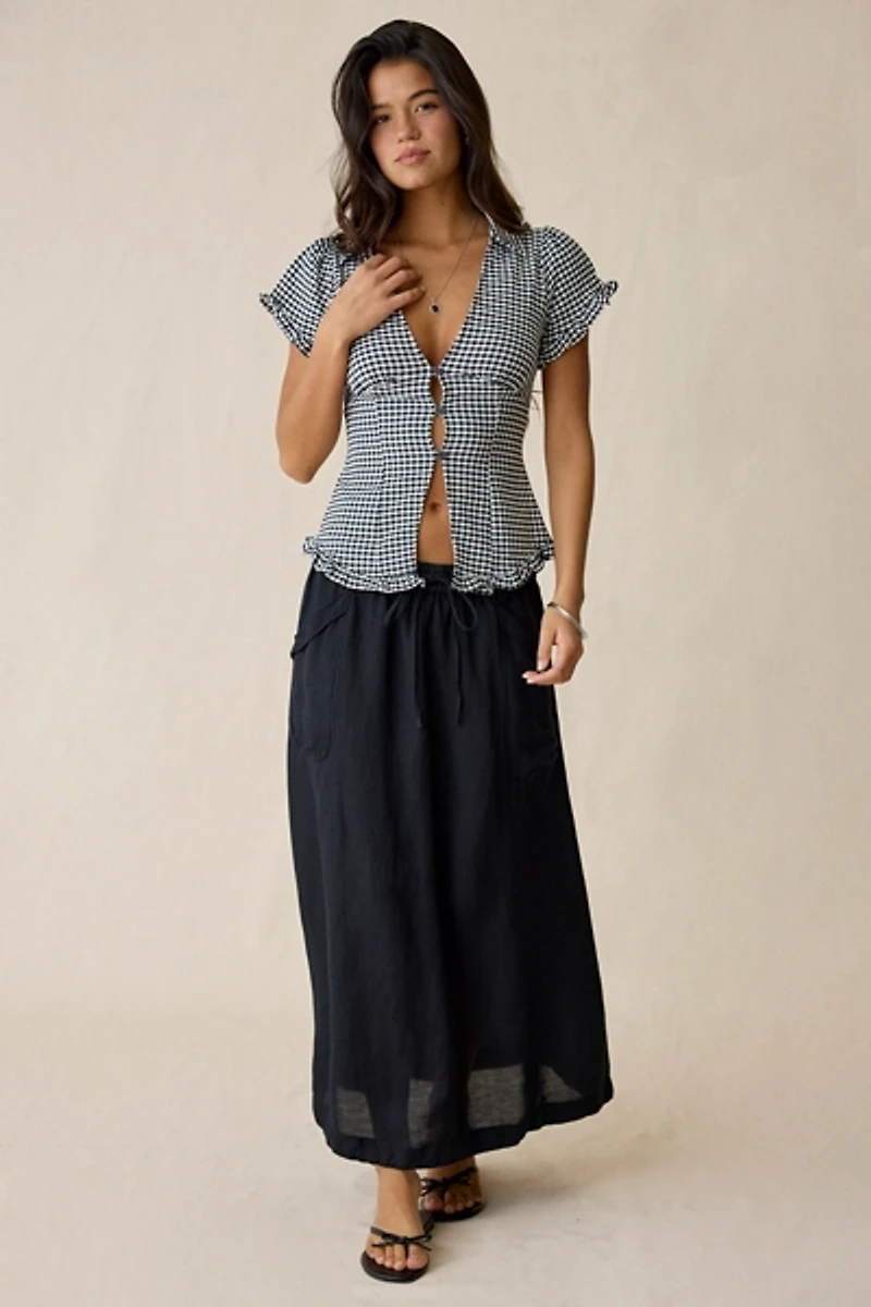 Kimchi Blue Rebecca Ruffle Split-Front Slim Short Sleeve Button-Up Shirt