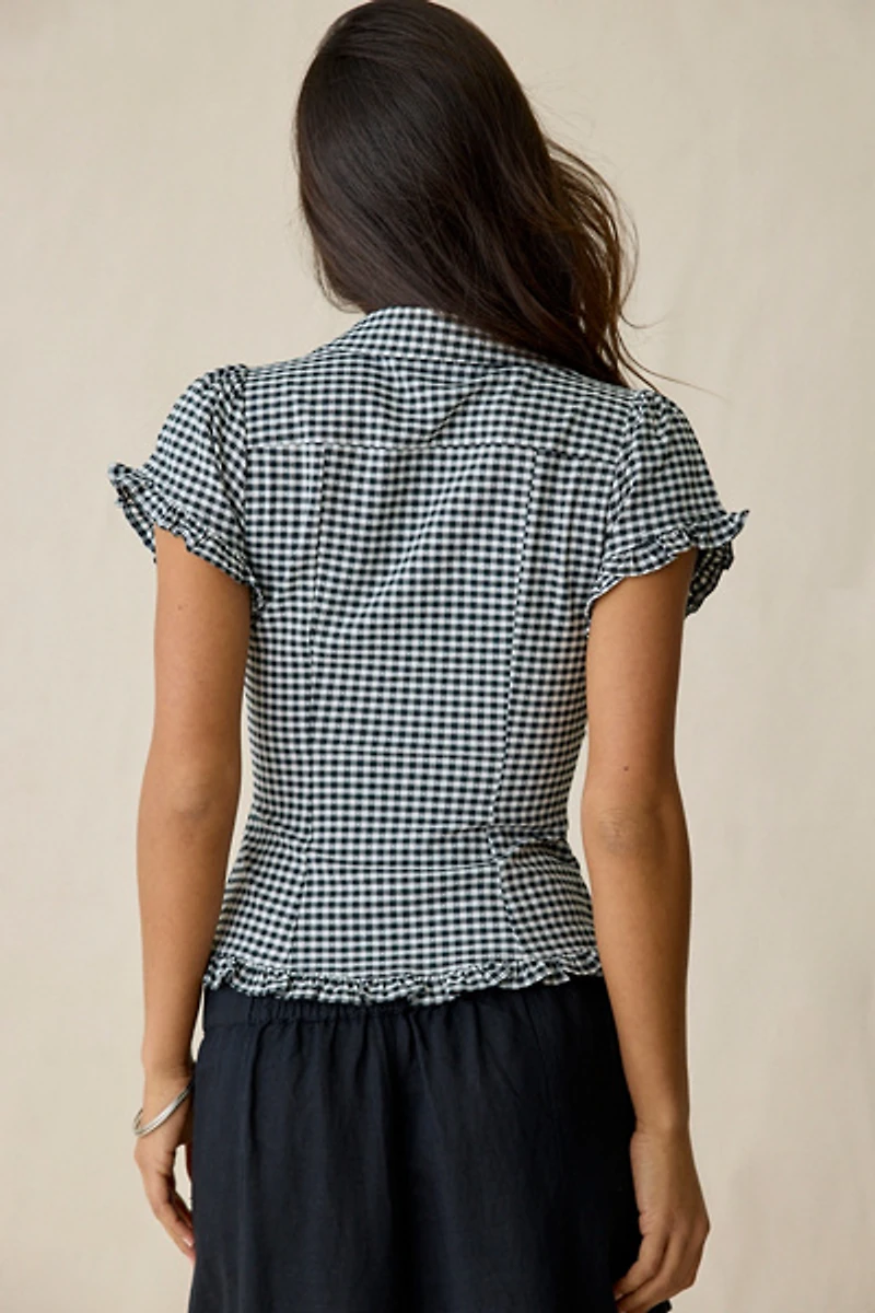 Kimchi Blue Rebecca Ruffle Split-Front Slim Short Sleeve Button-Up Shirt