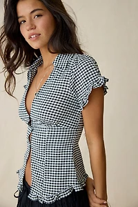 Kimchi Blue Rebecca Ruffle Split-Front Slim Short Sleeve Button-Up Shirt