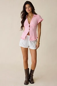 Kimchi Blue Rebecca Ruffle Split-Front Slim Short Sleeve Button-Up Shirt