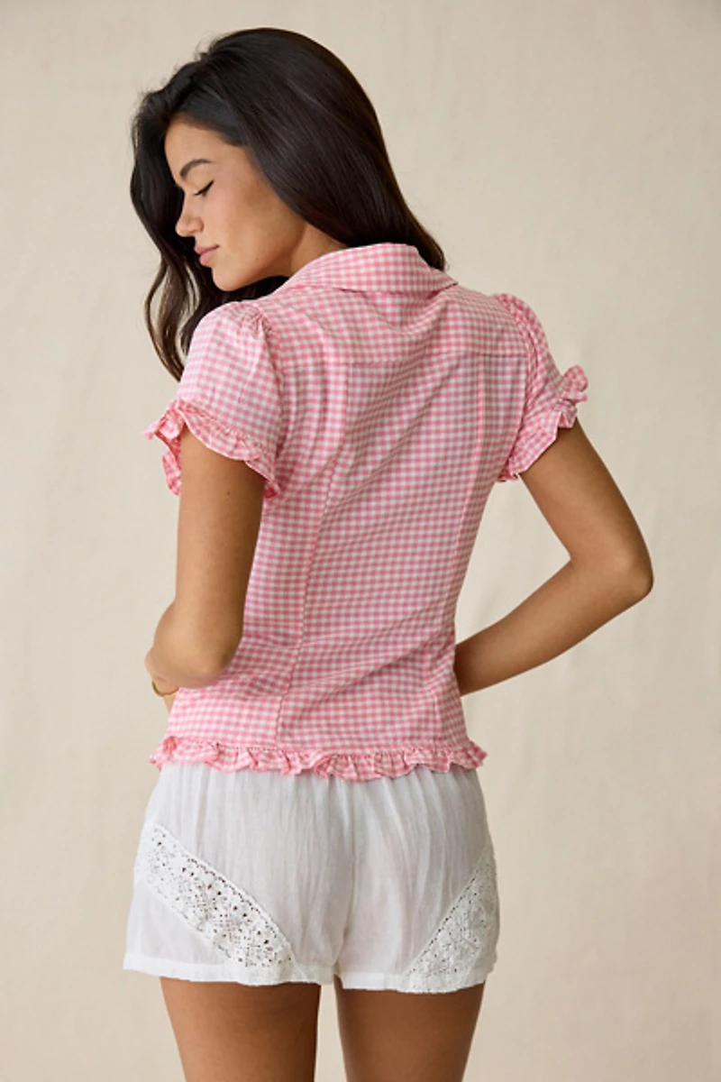 Kimchi Blue Rebecca Ruffle Split-Front Slim Short Sleeve Button-Up Shirt