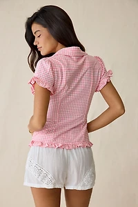 Kimchi Blue Rebecca Ruffle Split-Front Slim Short Sleeve Button-Up Shirt