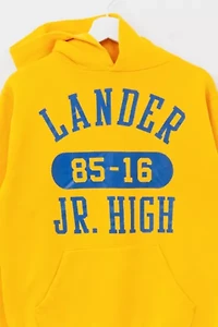 Vintage 1980s Russell Athletic Spell Out Yellow Hoodie Sweatshirt Made in USA