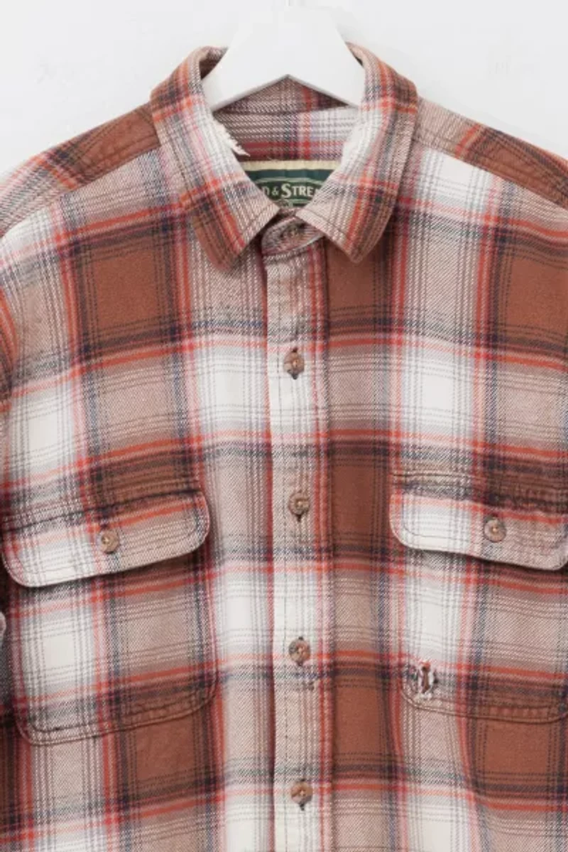 Vintage 1990s Distressed Brown Cream Plaid Cotton Flannel Button Up Shirt
