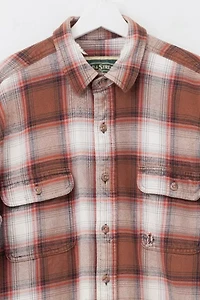 Vintage 1990s Distressed Brown Cream Plaid Cotton Flannel Button Up Shirt