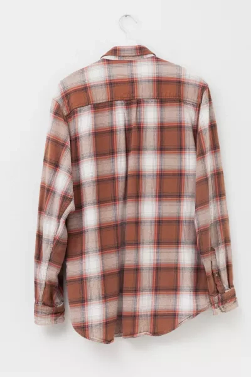 Vintage 1990s Distressed Brown Cream Plaid Cotton Flannel Button Up Shirt
