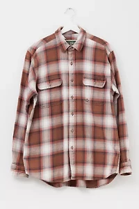 Vintage 1990s Distressed Brown Cream Plaid Cotton Flannel Button Up Shirt