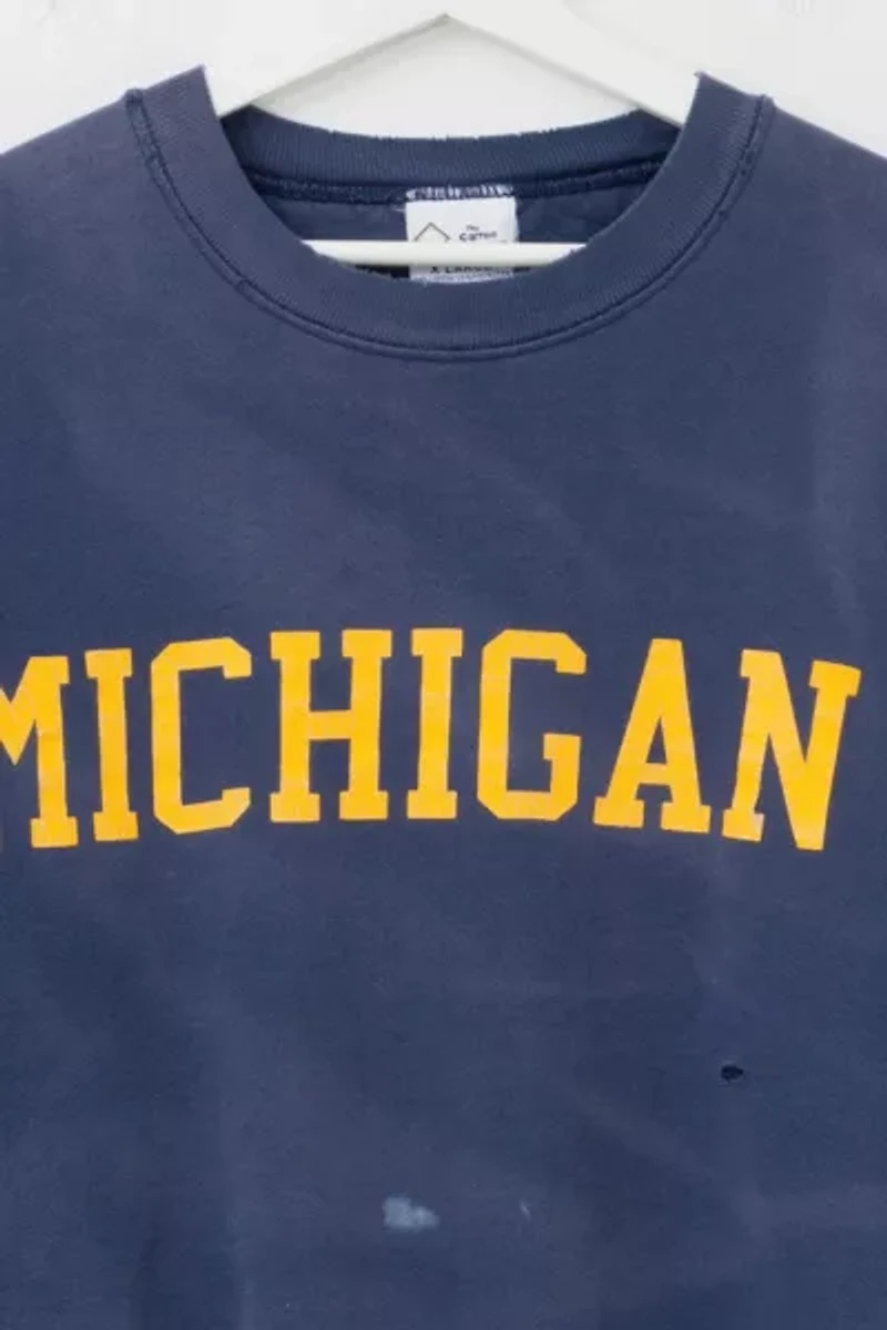 Vintage 1990s Distressed Michigan University Spell Out Graphic Blue Sweatshirt Made in USA