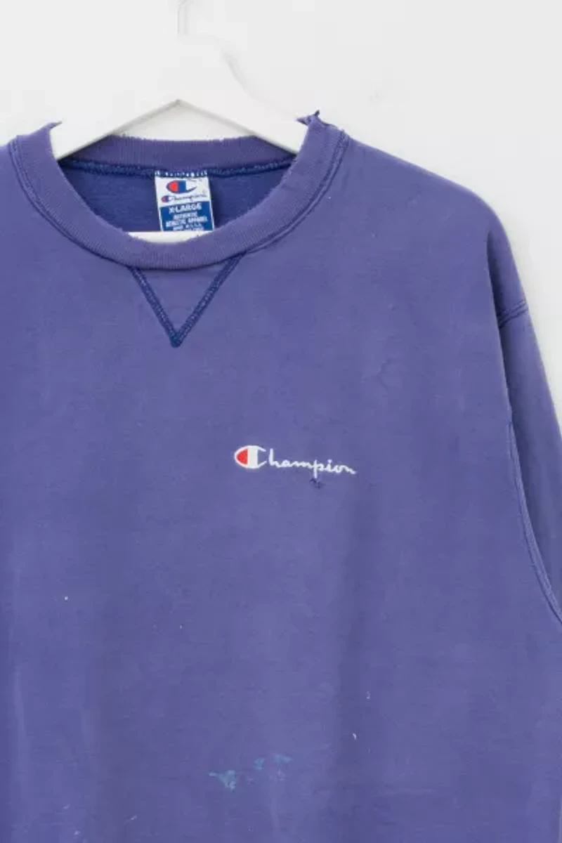 Vintage 1990s Distressed Champion Embroidered Logo V-Stitch Purple Crewneck Sweatshirt Made in USA