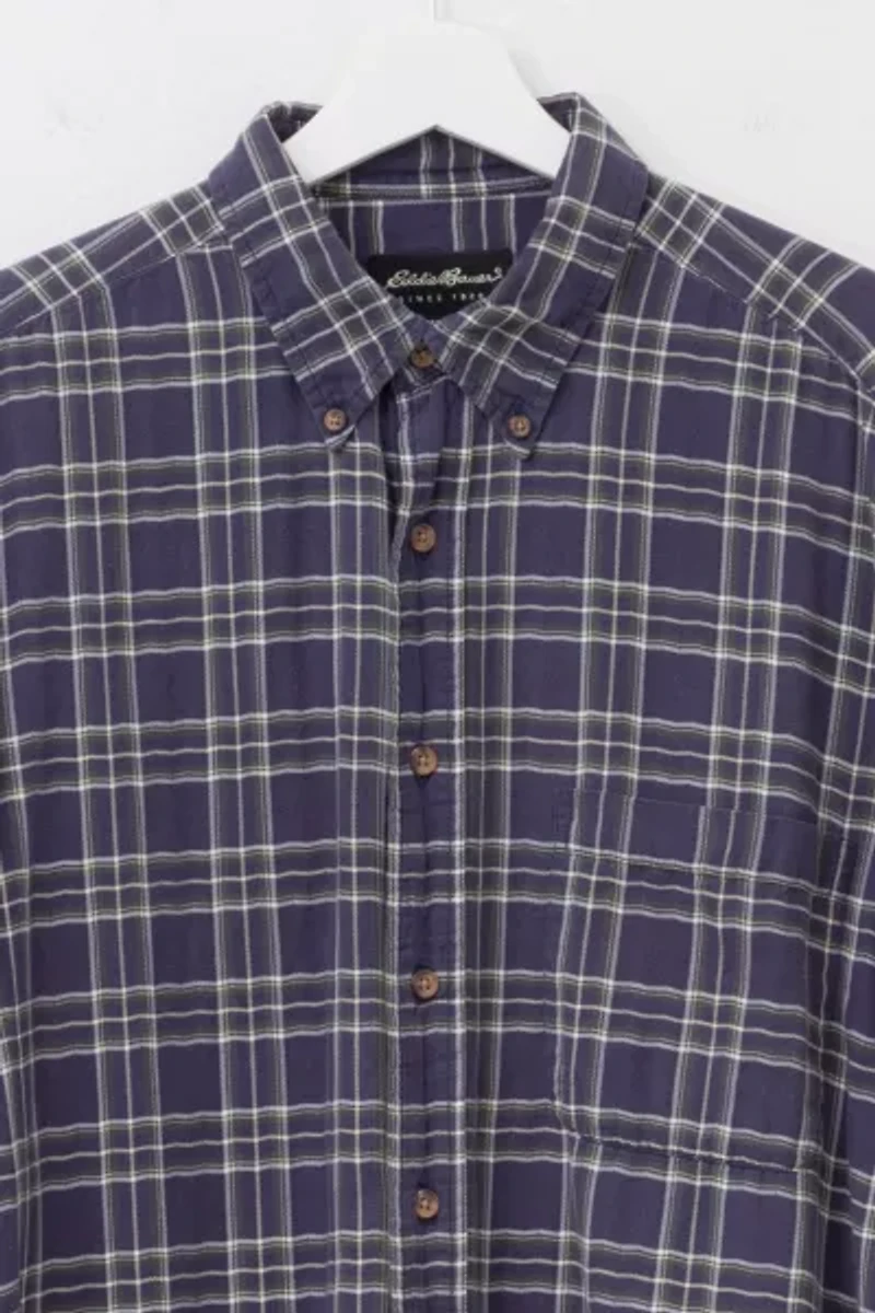 Vintage 1990s Eddie Bauer Blue Green Cotton Plaid Button Up Shirt