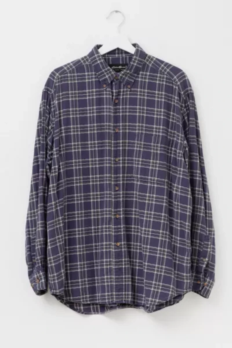 Vintage 1990s Eddie Bauer Blue Green Cotton Plaid Button Up Shirt