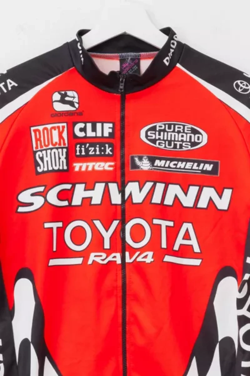 Vintage 1990s Schwinn Toyota All Over Print Red Black Rock Shox Mountain Bike Racing Jersey