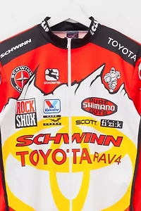 Vintage 1990s Schwinn Toyota All Over Print Red Yellow Mountain Bike Racing Jersey