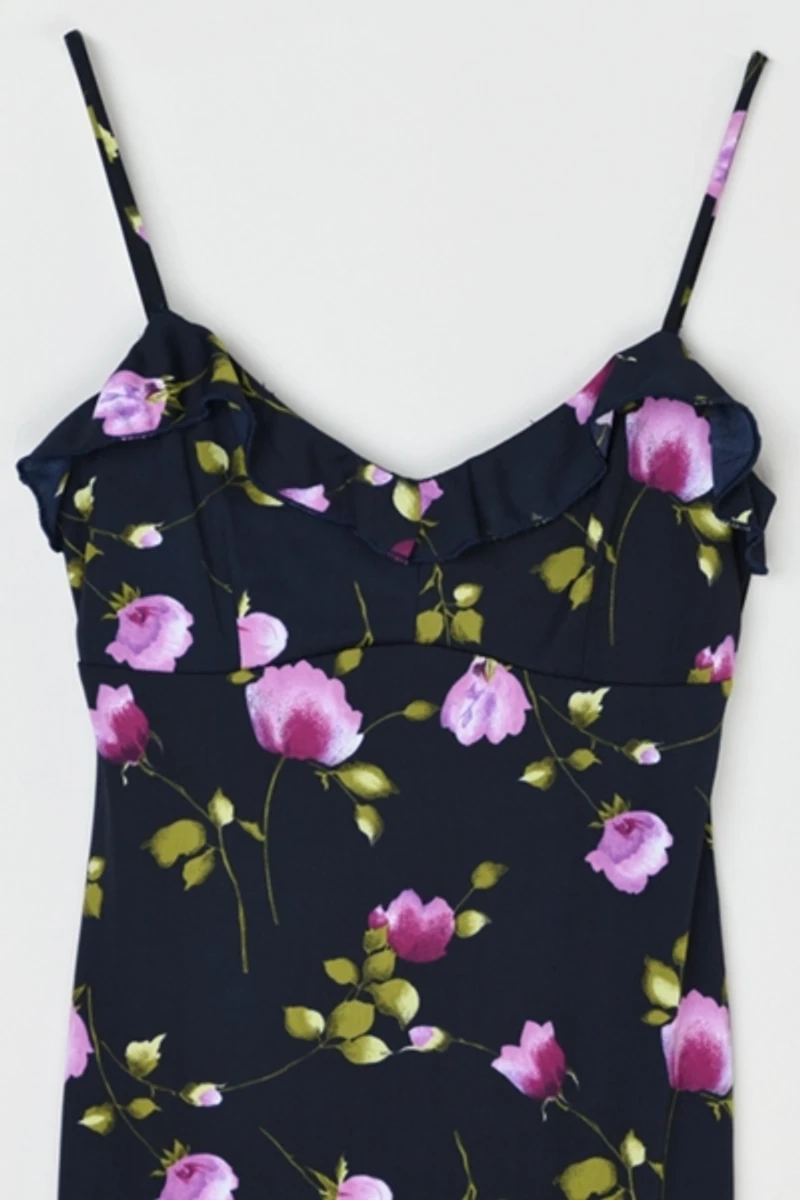 Vintage Y2k Black & Pink Printed Ruffled Midi Dress