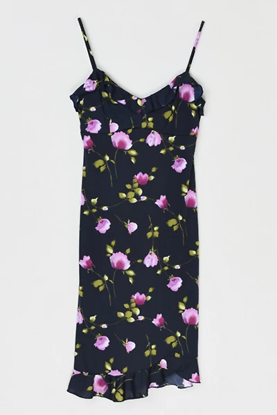 Vintage Y2k Black & Pink Printed Ruffled Midi Dress