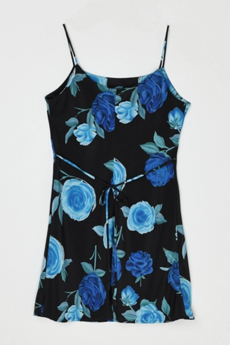 Vintage Y2k Blue Roses Printed Mini Dress
