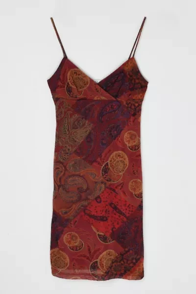 Vintage Y2k Dark Red Printed Midi Dress