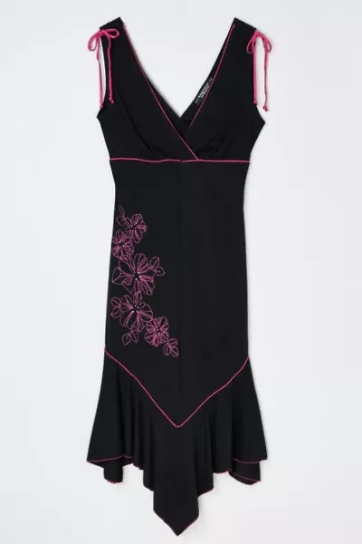 Vintage Y2k Pink & Black Embroidered Midi Dress