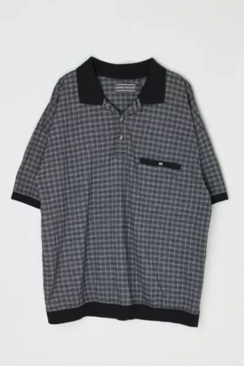 Vintage 90s Dark Grey Plaid Polo Shirt