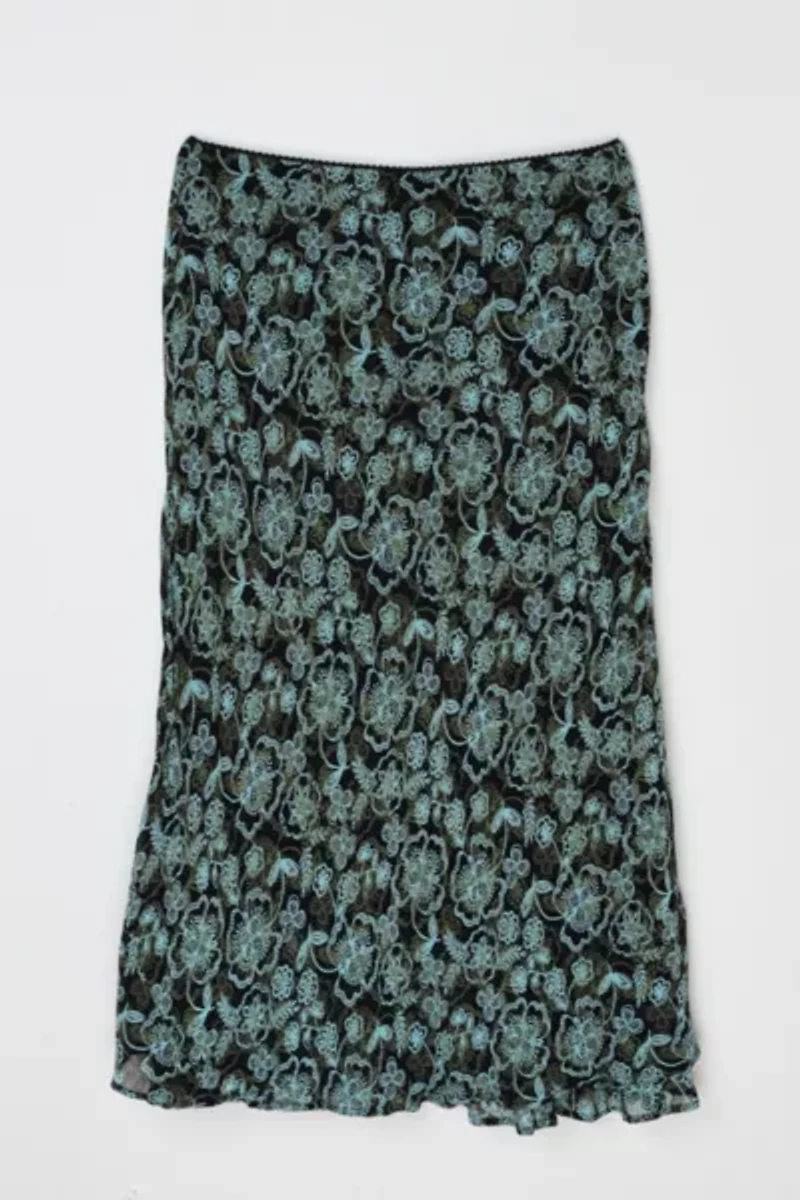 Vintage Y2k Black & Teal Printed Maxi Skirt