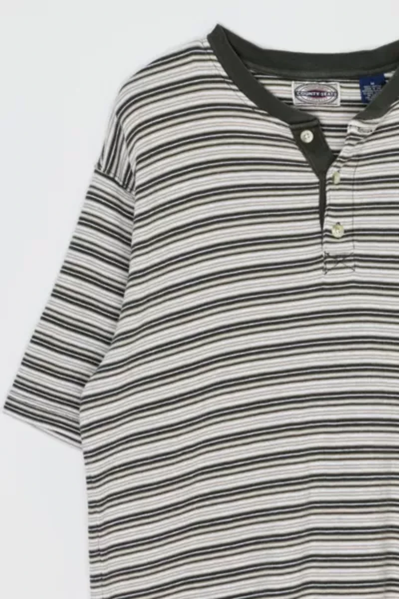 Vintage 90s Olive & Tan Striped Button-Neck T-Shirt