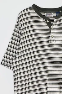 Vintage 90s Olive & Tan Striped Button-Neck T-Shirt