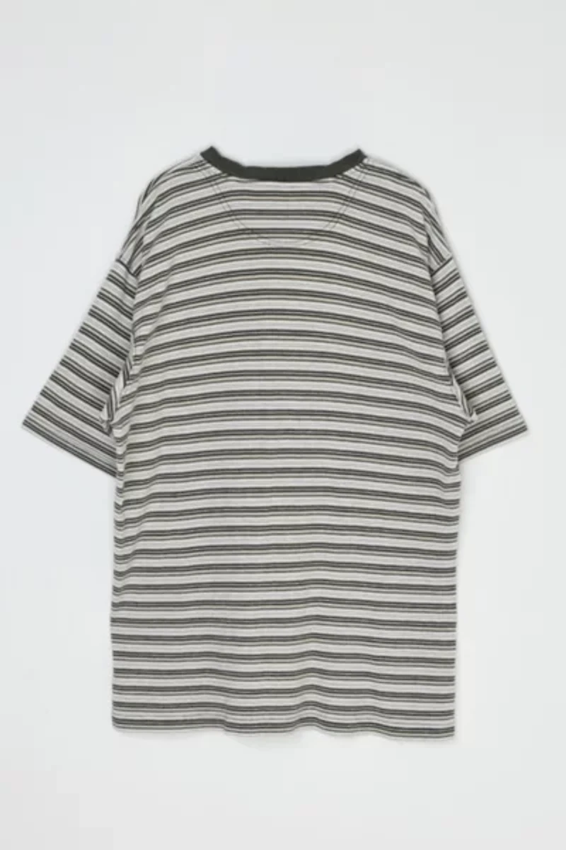 Vintage 90s Olive & Tan Striped Button-Neck T-Shirt
