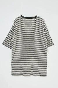 Vintage 90s Olive & Tan Striped Button-Neck T-Shirt