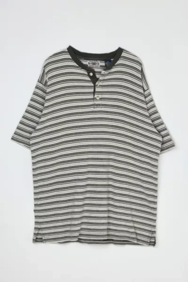 Vintage 90s Olive & Tan Striped Button-Neck T-Shirt