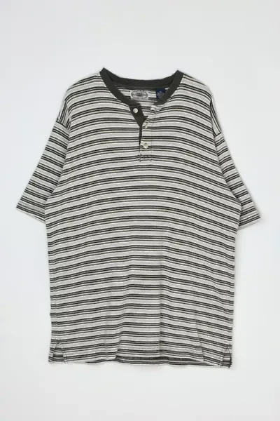 Vintage 90s Olive & Tan Striped Button-Neck T-Shirt