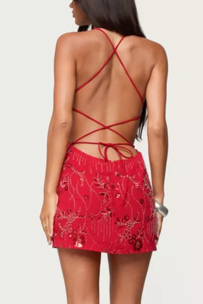 Edikted Annalee Backless Beaded Chiffon Mini Dress