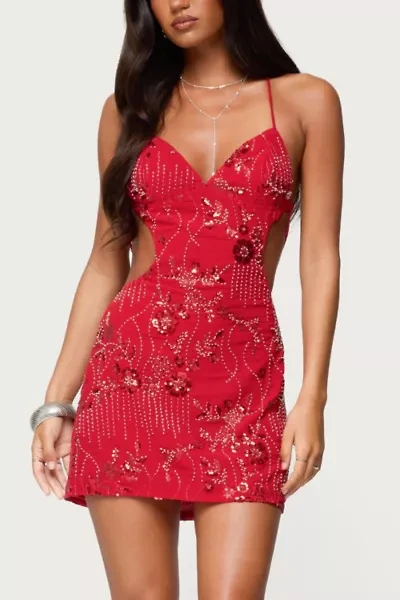 Edikted Annalee Backless Beaded Chiffon Mini Dress