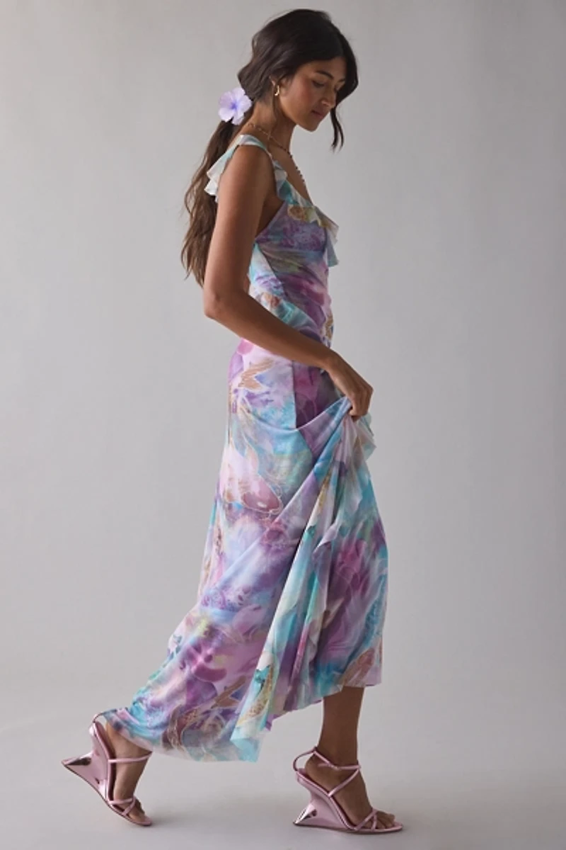 UO Gossamer Cascading Ruffle Open Back Mesh Maxi Dress