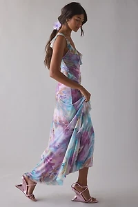 UO Gossamer Cascading Ruffle Open Back Mesh Maxi Dress