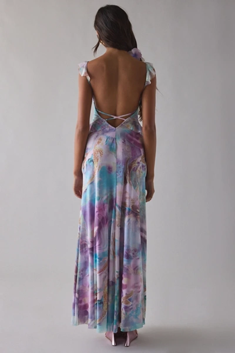 UO Gossamer Cascading Ruffle Open Back Mesh Maxi Dress