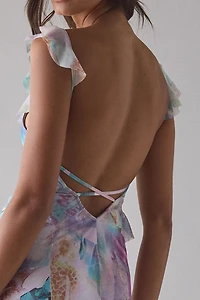 UO Gossamer Cascading Ruffle Open Back Mesh Maxi Dress