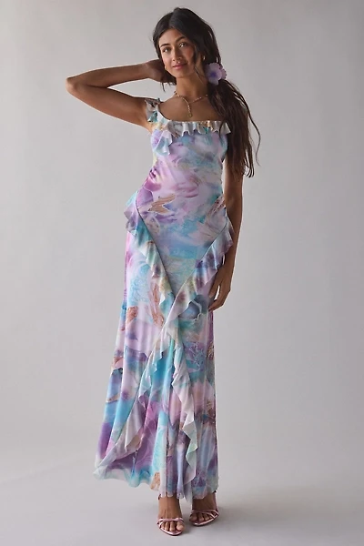 UO Gossamer Cascading Ruffle Open Back Mesh Maxi Dress