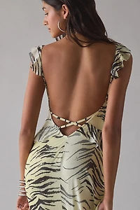 UO Gossamer Cascading Ruffle Open Back Mesh Maxi Dress