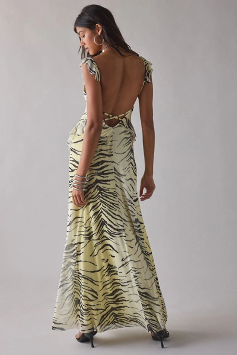 UO Gossamer Cascading Ruffle Open Back Mesh Maxi Dress