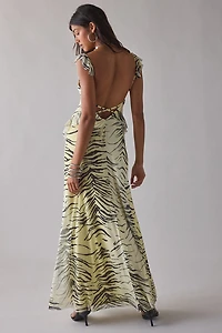 UO Gossamer Cascading Ruffle Open Back Mesh Maxi Dress