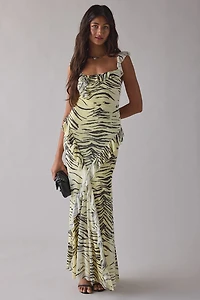 UO Gossamer Cascading Ruffle Open Back Mesh Maxi Dress