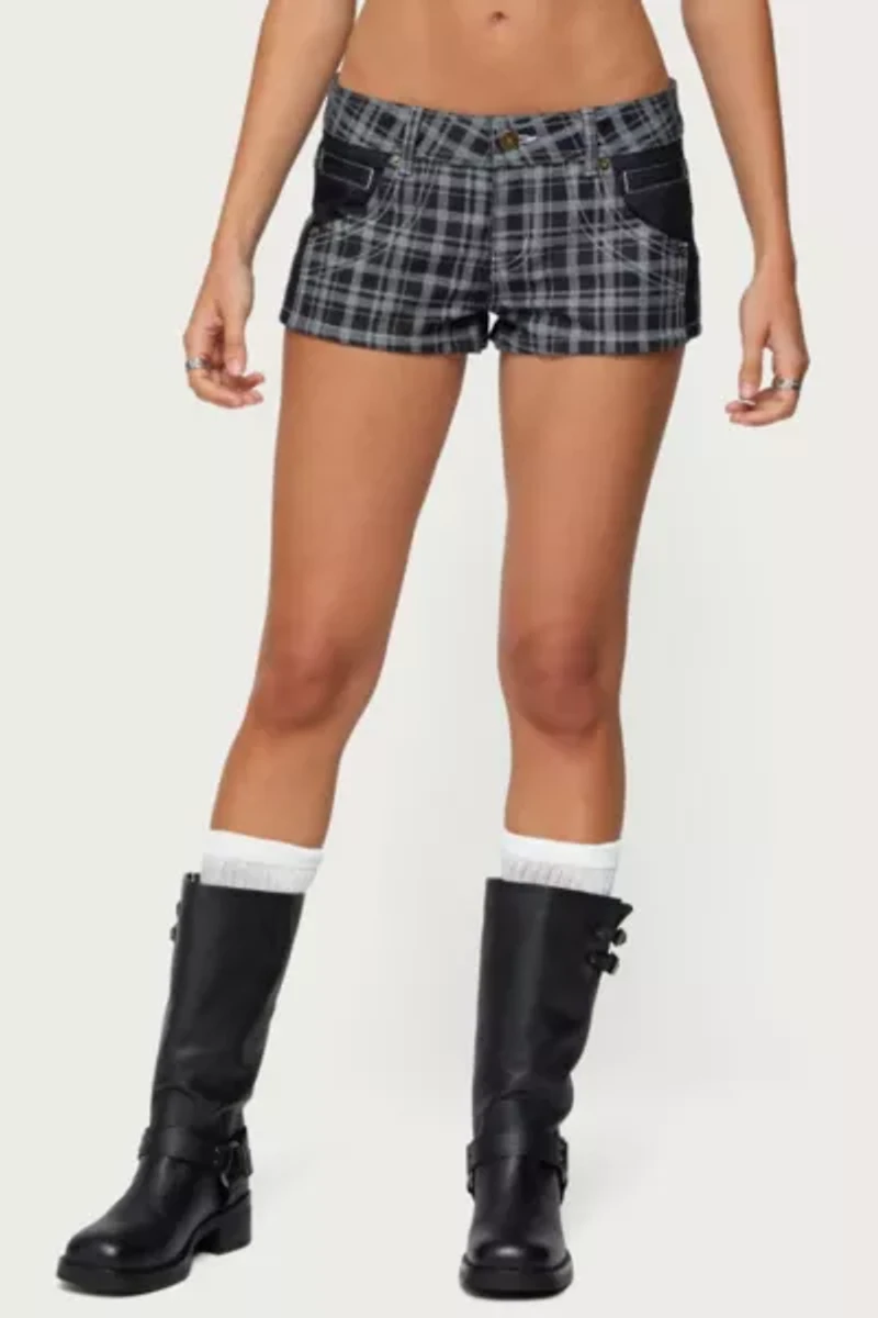 Edikted Carie Plaid Low Rise Denim Shorts